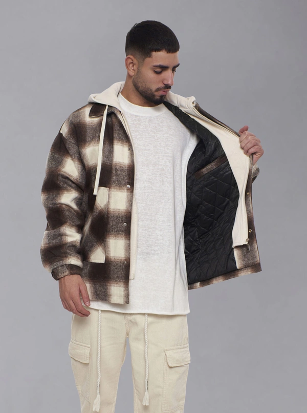 NORI מעיל משבצות בטנה כפולה BROWN